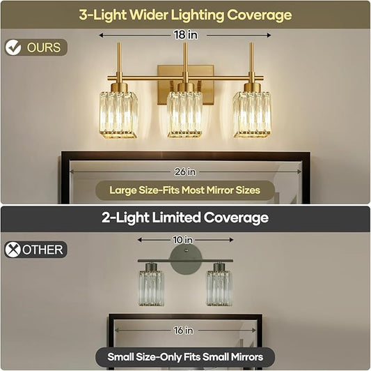 Torondo Modern Crystal Bathroom Vanity Light 3-Light Brushed Gold Bathroom Light Fixtures Over Mirror Brushed Gold Vanity Lighting Fixtures Square Shade Brass Wall Sconce (Bulbs Not Include)