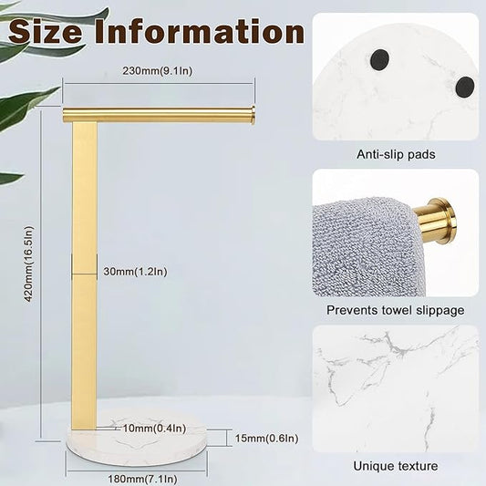 Hand Towel Holder Stand for Bathroom, L- Shaped Standing Hand Towel Rack, Towel Bar Kitchen Vanity Countertop Organizer, SUS304 Stainless Steel Material (Marble Base, Gold)