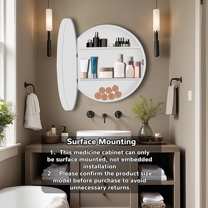 20 Inch Round Medicine Cabinet with Mirror, White Bathroom Medicine Cabinet for Wall Metal Framed, Surface Mount Only Circular Storage Cabinet with Vanity Mirror