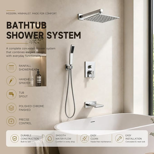 Shower System with Tub Spout, All Metal Bathtub Shower Faucet Set with High Pressure 10 Inch Rain Shower Head and Handheld Shower Head Set, Chrome (Valve Include)
