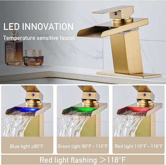 LED Bathroom Sink Faucet, Brushed Gold Waterfall Single Hole Handle Vanity Faucets for Sinks 1 Hole with Metal Pop Up Drain and 2 Water Supply Lines, Stainless Steel Spout