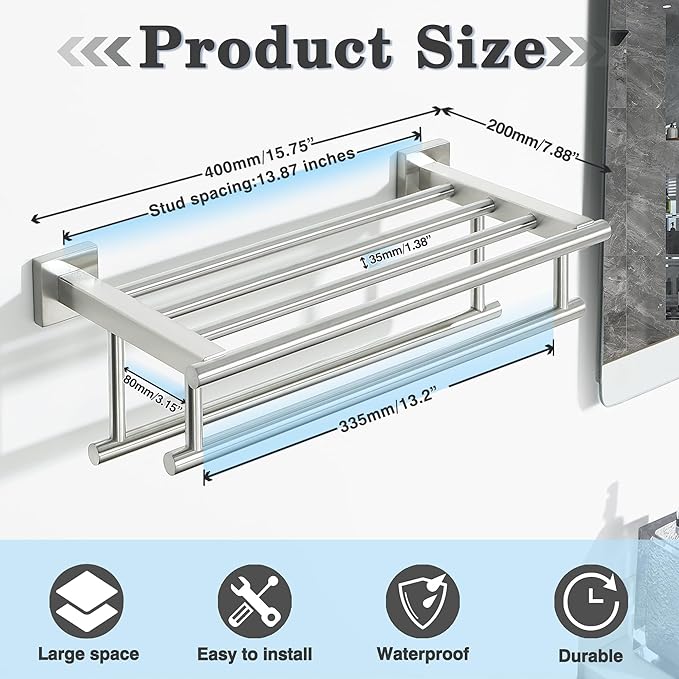 Alise Double Towel Rack for Bathroom Wall Mounted 16 Inch,Brushed Nickel | Bathroom Tower Holder Towel Shelf with Double Towel Bars,SUS304 Stainless Steel Towel Rack with Shelf for Lavatory Kitchen