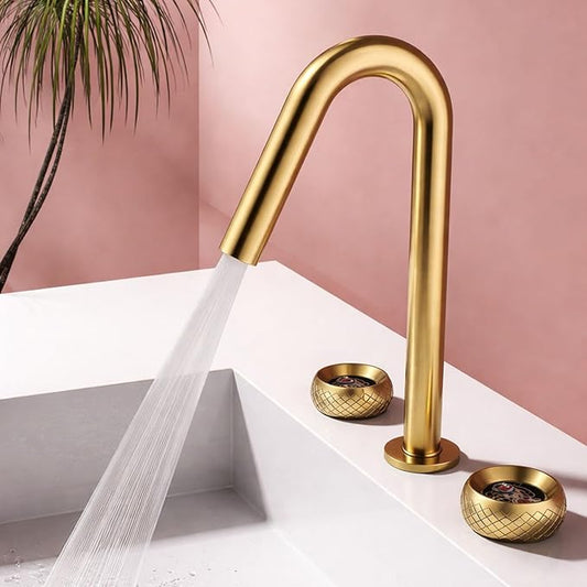 Wide Spread Bathroom Faucets for Sink 3 Hole Dual Mode 2 Knob Restroom Faucet Brass,Brushed Gold