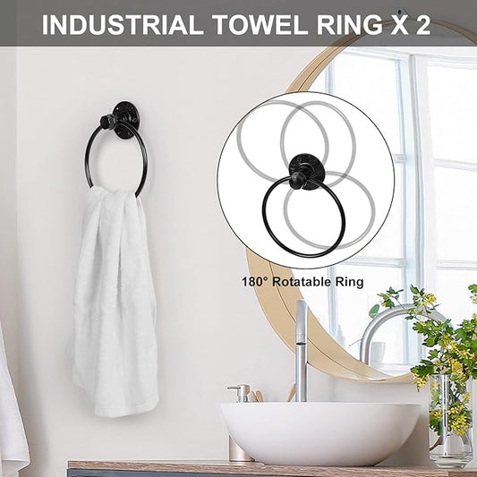 CADUKE 13-Pieces Black Bathroom Hardware Set Industrial Pipe Towel Bar | Towel Rack Accessories Kit, Wall Hand Towel Bar, Toilet Paper Holder, Towel Ring & Robe Hooks