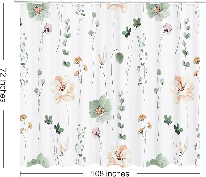 Sage Green Beige Watercolor Floral Fabric Shower Curtain, 108x72 | Waterproof Fabric, Modern Minimalist Floral Print, Machine Washable, Rustproof Grommets, for Bathroom Home, Extra Wide