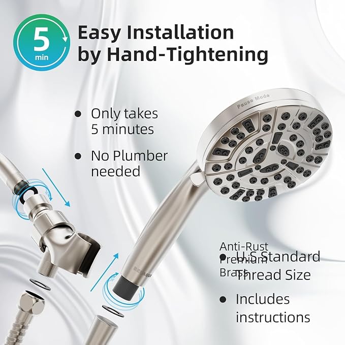 9 Settings High Pressure Handheld shower head with Power Wash | Pause Mode for Water Saving, Power Wash for Tub&Tile, Easy Clean Nozzles, 6ft Hose,Bracket / Satin Nickel