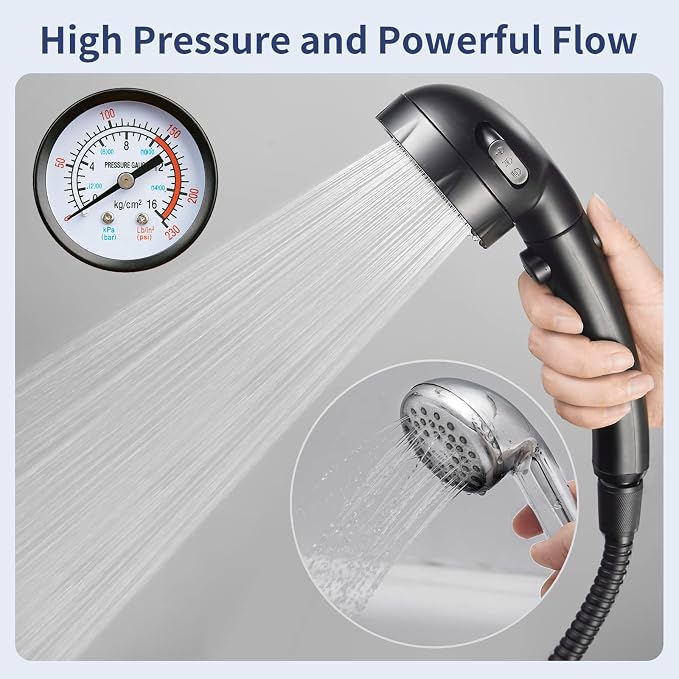 HANLIAN Black On/Off High Pressure Handheld Shower Head for RV Camper | 3 Spray Modes Shower Head with Pause Button, Water Saving Shower Head with Hose and Adjustable Self-adhesive Holder