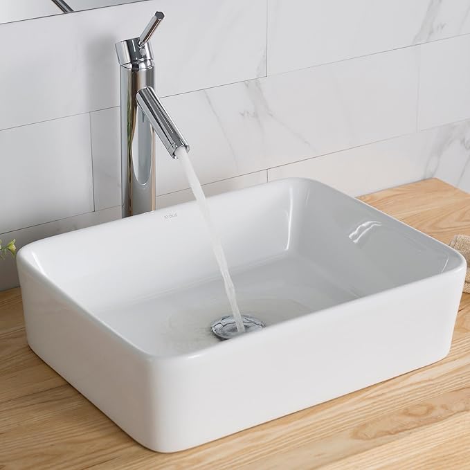 KRAUS Elavo Modern Rectangular Vessel White Porcelain Ceramic Bathroom Sink, 19 inch KCV-121