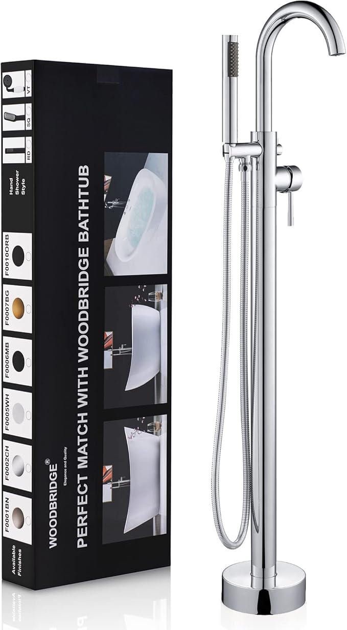 WOODBRIDGE Contemporary Single Handle Floor Mount Freestanding Tub Filler Faucet with Hand shower in Chrome Finish,F0002CHRD
