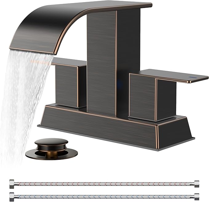 FORIOUS 4 Inch Centerset Oil Rubbed Bronze Bathroom Faucet, 2 or 3 Hole Waterfall Square Bathroom Sink Faucet with Metal Pop-up Drain and Supply Lines, Two Handles for Vanity, Lavatory Room, Pedestal