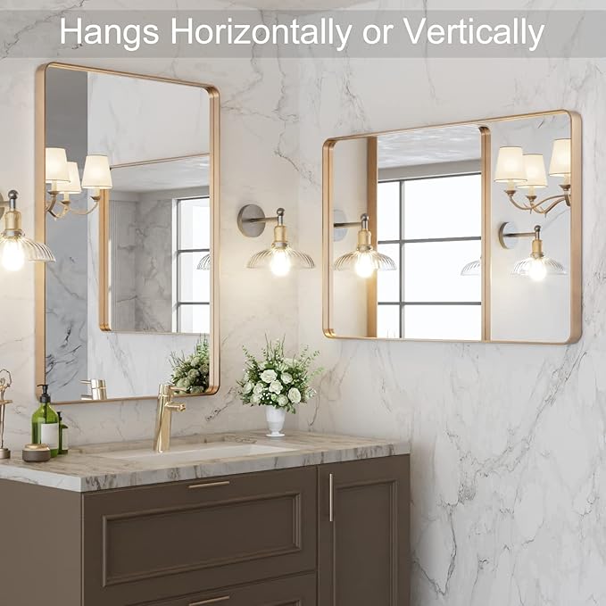 LOAAO 24"X32" Gold Bathroom Mirror | Rounded Rectangle, Brushed Gold Frame, Wall-Mounted, Anti-Rust, Hangs Horizontally or Vertically