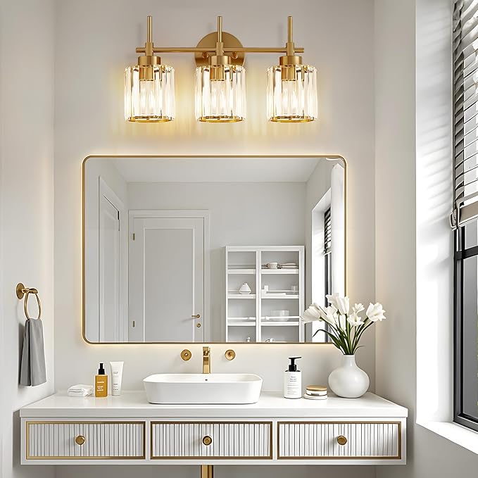 Bathroom Lighting Fixtures, 3 Light Gold Bathroom Light Fixtures with Clear Shades Modern Crystal Vanity Light Bath Room Vanity Lighting Over Mirror Wall Light