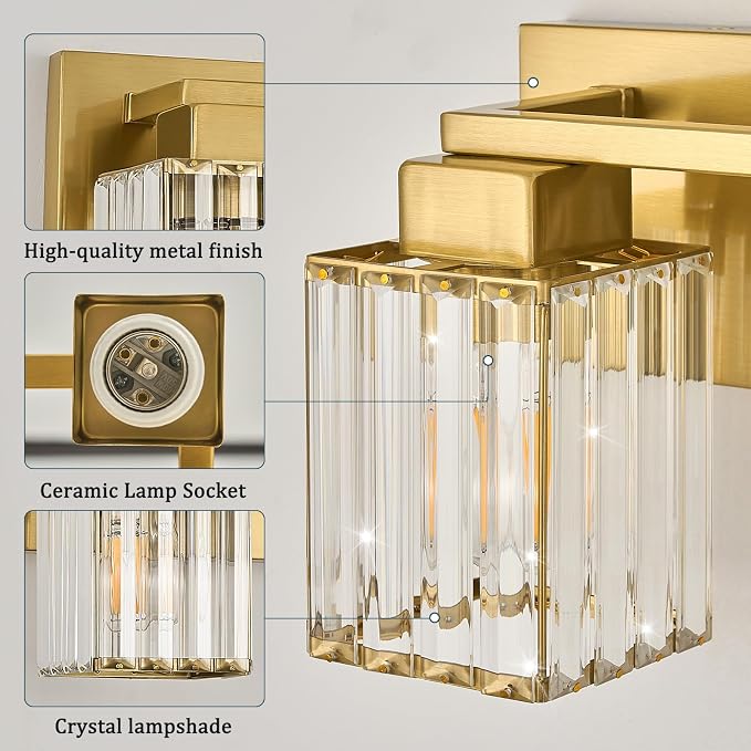 Brushed Gold Bathroom Light Fixtures, 2-Light Vanity Light Over Mirror | Wall Sconces with Square Crystal Shades, E26 Socket, Modern Vanity Lights for Bathroom (Bulbs Not Included)