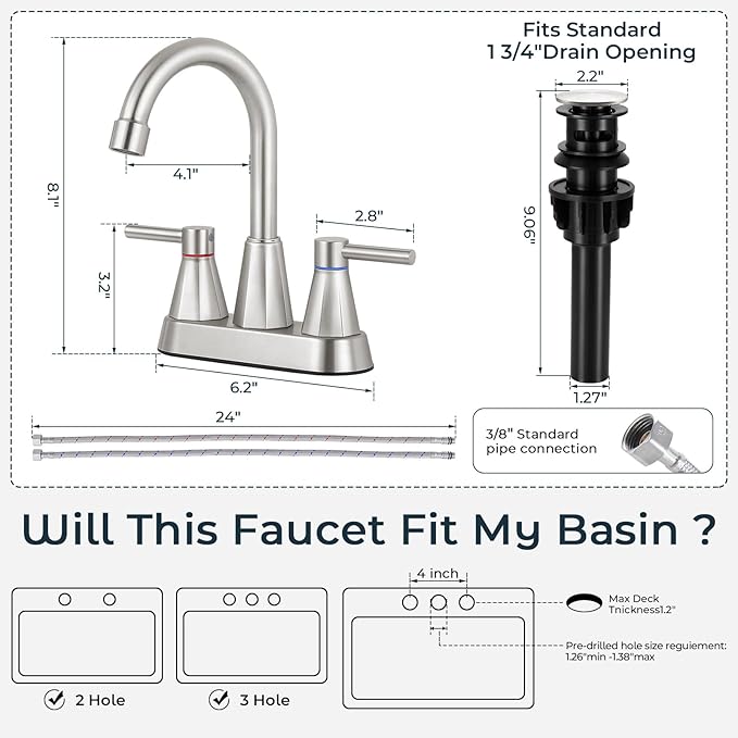 4 inches Bathroom Faucet for 3 Hole,2-Handle Bathroom Sink Faucets with Pop Up Drain (Brush Nickel)