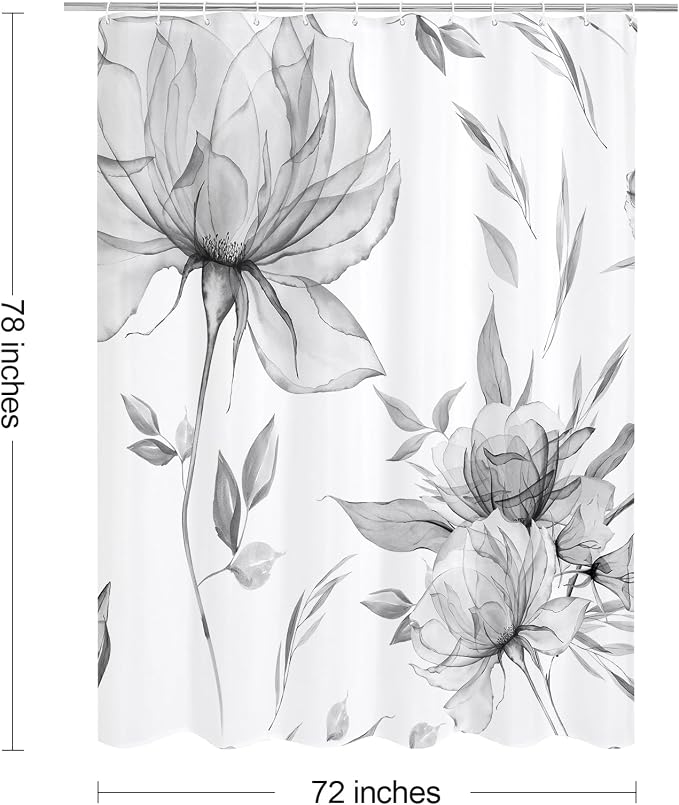 Litabel Long Boho Watercolor Floral Shower Curtain 72 x 78, Grey Ink Painting Style Flower Shower Curtains for Chic Elegant Bathroom, Artistic 78 Inch Long Fabric Shower Curtain