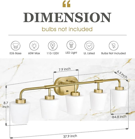 Bathroom Light Fixtures Over Mirror, 5-Light Brushed Gold Vanity Lighting Fixtures with Milk White Glass, 38inch Farmhouse Champagne Bronze Wall Sconces Lighting, AD-22004-5W-GD