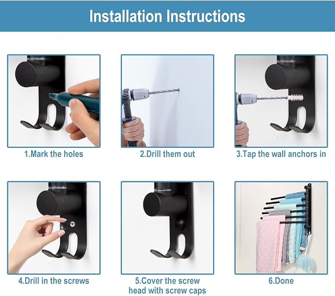 6-Arm Swivel Towel Rack - 180° Rotating Wall Mounted - 304 Stainless Steel Rustproof - Heavy Duty Space Saving for Bathroom Kitchen Laundry Room (Matte Black)