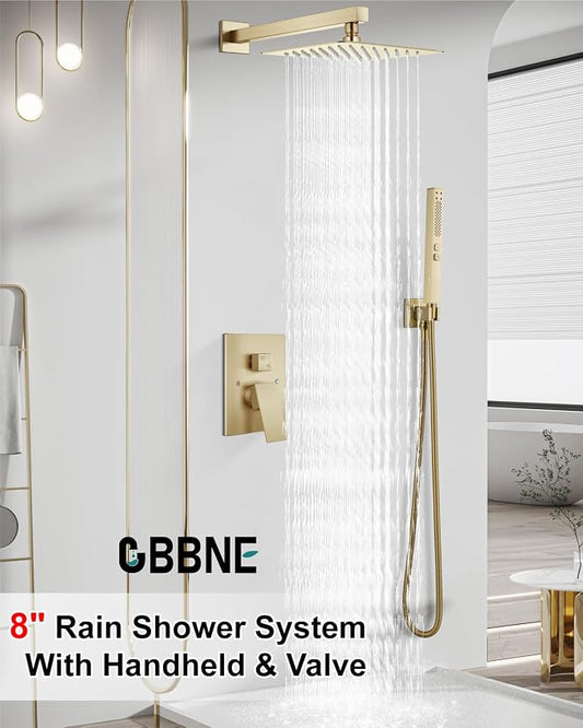 Shower Faucet Set 8-Inch Rain Shower System Brushed Gold | Square SUS304 Shower Head, Dual-Mode Hand Spray, 59-Inch Hose and Brass Rough-In Valve for a Complete Wall-Mount Installation
