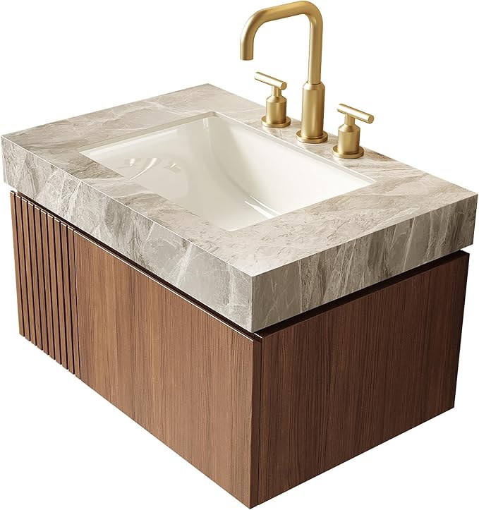 KEIKI 30 Inch Floating Bathroom Vanity with Sink, Modern Wall Mounted Storage Cabinet with Drawer, Pre-Assembled Waterproof Wood Panels, Sintered Stone Top & Ceramic Basin Combo Set, Brown Oak & Grey