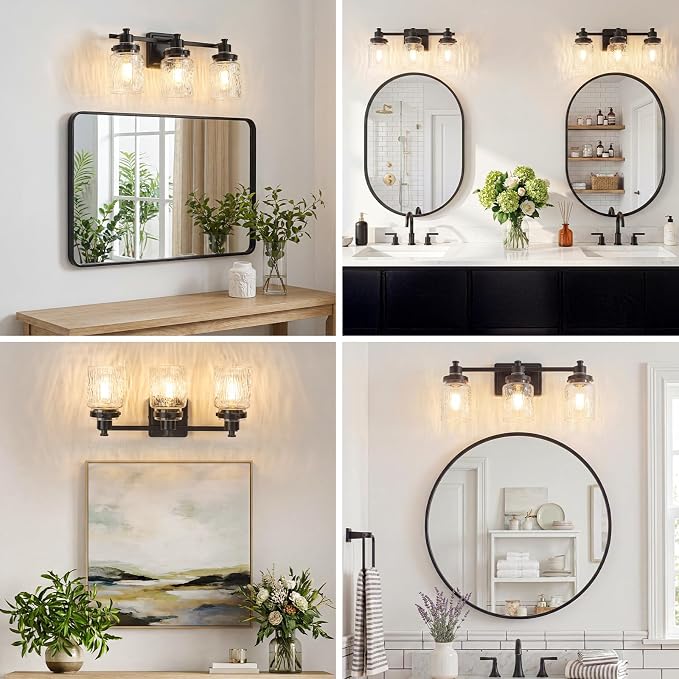 3 Light Bathroom Light Fixtures Farmhouse Black Vanity Lights | ETL Certificate, Easy to Install,Wall Mount Up or Down,Hammered Glass Lampshade,E26 Socket,Hardwired,120V