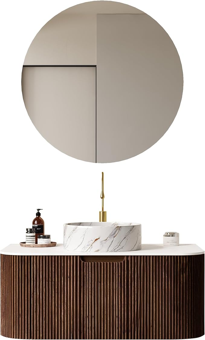 36'' Floating Vanity with Sink Combo, Modern Wall-Mounted Curved Edges Striped Bathroom Storage Cabinet with Soft-Close Drawer and White Stone Pattern Basin, Dark Walnut