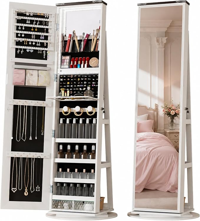 LVSOMT Jewelry Cabinet Standing, 360° Swivel Jewelry Armoire, White Brown | Full Length Mirror with Storage, 3 Rear Shelves, Internal Mirror, 3 Color Lights, Lockable for Bedroom, Women Girls Gift