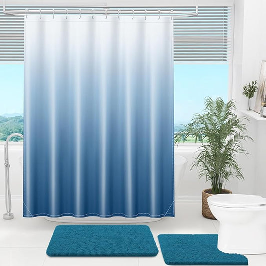 OLANLY Luxury Blue and White Ombre Shower Curtain Sets with 12 Hooks, Waterproof and Washable Decorative Shower Curtains for Bathroom, 72x72 Inches