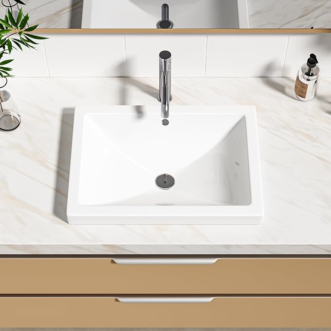 Enbol 20.6" x 14.7" Drop in Bathroom Sink Rectangle Vessel Sink Self-rimming Top Mount Bathroom Sink White Ceramic Lavatory Vanity with Overflow O2014-2