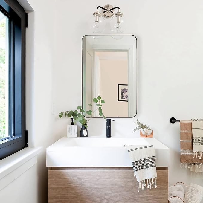 Bronze Mirror for Wall, 30x36” Rounded Rectangle Bathroom Mirror, Modern Stainless Steel Metal Frame for Vanity