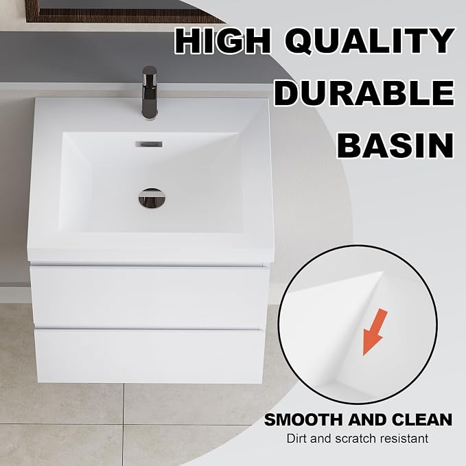 Pre-Assembled 30'' Wall Mounted Bathroom Vanity with Sink, Glossy White | Floating Bathroom Vanity with Solid Surface Top Basin, 2 Soft-Close Drawers, Resin Integrated Sink, Easy to Install & Clean