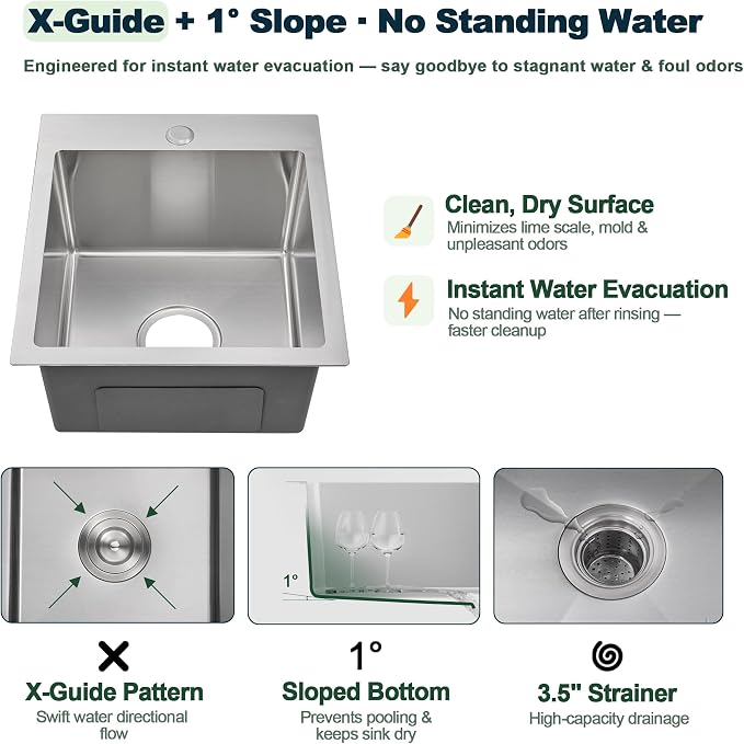 15 inch Bar Sink Drop in, 304 Stainless Steel Sink Single Bowl, 15"x17"x8" Small Sink Topmount for Wet Bar, Prep, RV, Apartment and Tiny Homes, Brushed