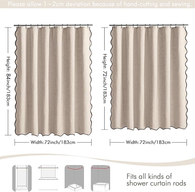 MIULEE Beige Scalloped Linen Shower Curtain 72x72 Inches | Linen Textured, Waterproof, Washable, 12 Metal Hooks, Heavy Duty Cloth, Black Border, Shower Curtain for Bathroom Bathtub