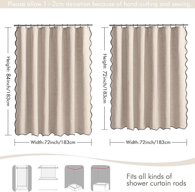 MIULEE 72"x84" Extra Long Scalloped Linen Shower Curtain Beige | Linen Textured, Waterproof, Washable, 12 Metal Hooks, Heavy Duty Cloth, Black Border, Shower Curtain for Bathroom Bathtub