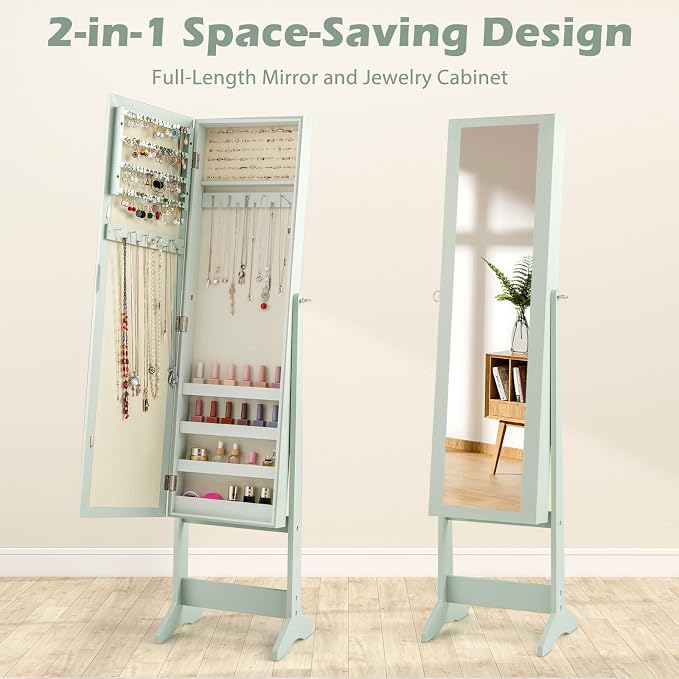 MAT EXPERT Jewelry Armoire Cabinet w/Full-Length Mirror, Jewelry Organizer Standing Mirror w/ 4 Shelves, 3 Adjustable Tilt Angles, Anti-toppling Device, Jewelry Cabinet for Bedroom, Living Room, Green