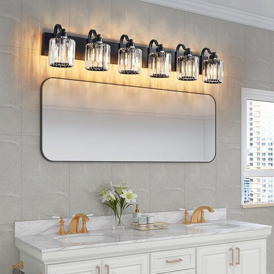 Black Crystal Bathroom Vanity Lights Fixtures 6 Light Over Mirror Modern Matte Black Bath Wall Lights with Round Shade (Exclude Bulb)
