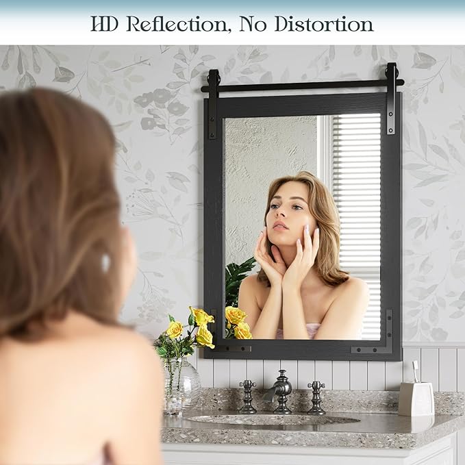 Farmhouse Mirror 41x26 Inch, Black Rustic Bathroom Mirror, Vanity Wood Framed Rectangular Wall Decorative Mirrors for Entryway, Living Room, Bedroom
