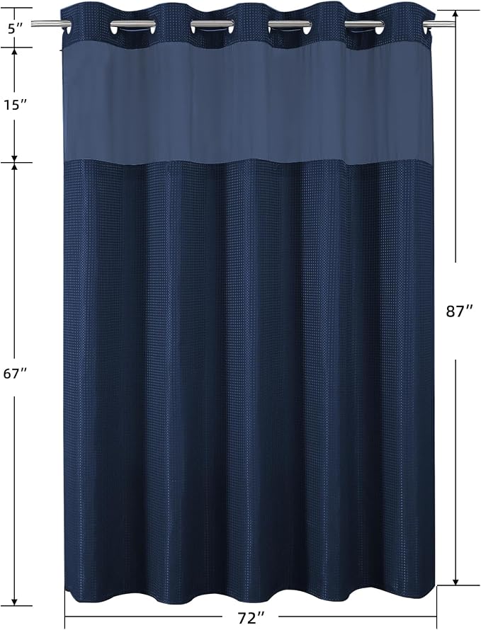 Colorful Star Navy Blue No Hook Waffle Shower Curtain Set, 72" W x 87" L | Waterproof Shower Curtain with Snap in Fabric Liner and Mesh Top Window, Hotel Style Heavy Duty Thick Bathroom Curtain