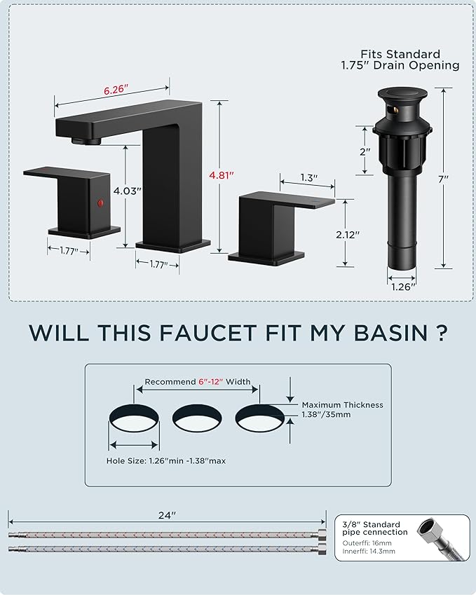 FORIOUS 8 Inch Widespread Black and Gold Bathroom Faucet Square, 2 Handle 6 Inch Matte Black Faucets for Bathroom Sink 3 Hole 8-10 Inch Vanity Sink, with Pop-up Drain, Hot and Cold Water Hoses