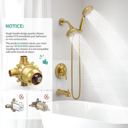 SR SUN RISE Dual 2 in 1 Shower System with Tub Spout,Brushed Gold | 3-Way Diverter Rain Shower Combo Set,6 Spray Setting,High Pressure,Soild Brass,Included Valve and Trim Kit