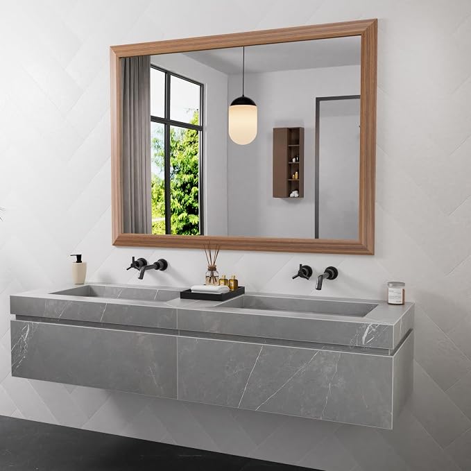 Bathroom Mirror for Wall, 48 X36 Inch (Walnut Wood Grain) | Metal Framed, HD Reflection, Anti-Rust, Hang Horizontally/Vertically, Suitable for Bedroom, Farmhouse, Bathroom, Entryway