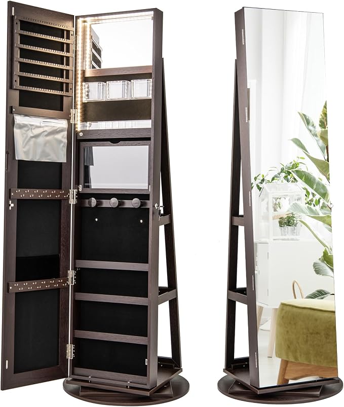 MAT EXPERT 360° Rotating Jewelry Armoire, Lockable Freestanding Jewelry Organizer w/Full-length Mirror, 3-Color LED Lights, Rear Storage Shelves, Mirror Jewelry Cabinet for Bedroom (Espresso)