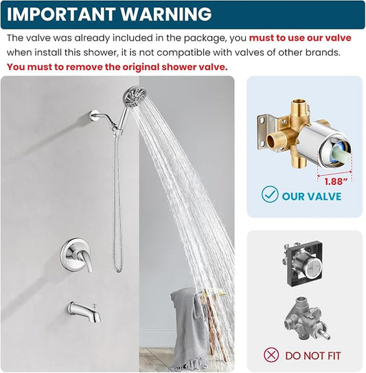 gotonovo Tub Shower Faucet Set with Valve 6 Mode Handheld Polished Chrome | Bathtub Faucet Set,6 Mode ABS Handheld Spray,6.3’’ Metal Tub Spout,Brass Valve Trim Kit,Shower Head and Handle Kit,Wall Mount