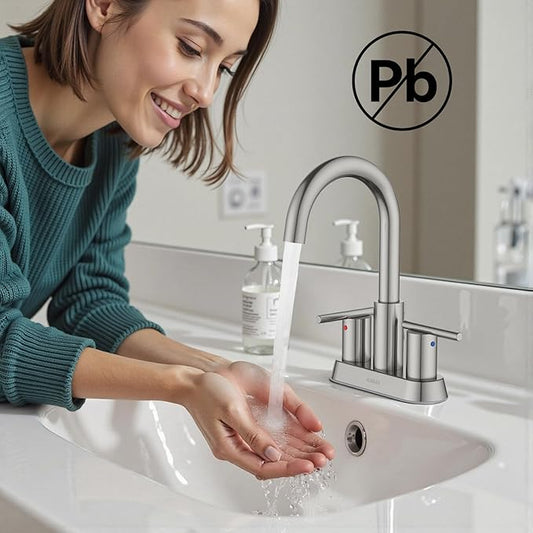 Hurran 4 Inch Bathroom Faucet for Sink 3 Hole, Brushed Nickel Bathroom Faucet with Pop-up Drain and 2 Supply Hoses,Stainless Steel Lead-Free 2-Handle Centerset Faucet for Sink Vanity RV