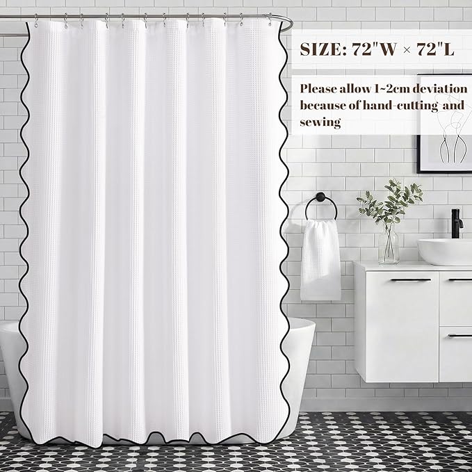 Waffle Scalloped Shower Curtain White Cotton Fabric Shower Curtains for Bathroom 72''W × 72''L