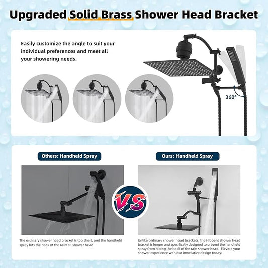 Hibbent All Metal 12'' Filtered Rainfall Shower Head with Handheld Combo, High Pressure Shower Wand, 16'' Adjustable Extension Arm, 20 Stage Shower Filter, 71'' Hose, Shower Holder, Matte Black