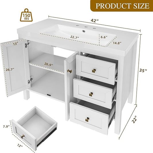 DWVO 42 Inch Bathroom Vanity with Sink, Modern Bathroom Storage Cabinet with Resin Basin, Three Holes, 2 Doors & 3 Drawers