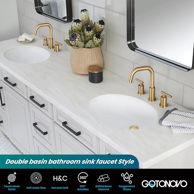 gotonovo 8 Inch Widespread Bathroom Sink Faucet 3 Hole 2 Handles Lavatory Basin with Pop Up Drain with Hot and Cold Mixer Valves Modern Brushed Gold