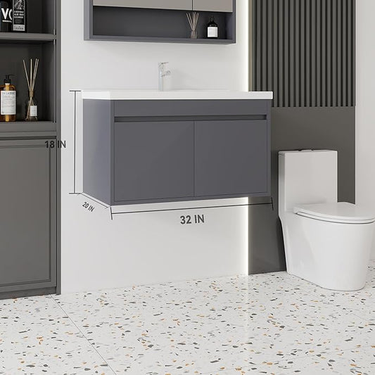 32'' Bathroom Vanity with Ceramic Sink Combo, Wall Mounted Small Bathroom Vanity with Soft-Close Door Modern Floating Cabinet, Pop-up Drain, P-Trap Included, Gray(No Faucet)