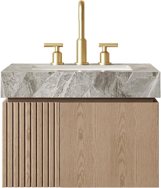 KEIKI 24 Inch Floating Bathroom Vanity with Sink, Light Brown & Grey | Modern Wall Mounted Storage Cabinet with 2 Doors, Pre-assembled Wood Panels, Sintered Stone Top & Ceramic Basin Combo Set