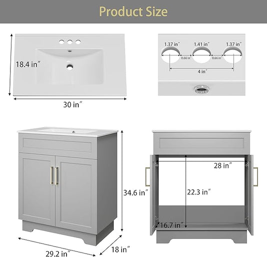 OLD CAPTAIN Bathroom Vanity with Ceramic Sink, 30" Freestanding Bathroom Quick Assembly Vanity Cabinet with Storage, Grey